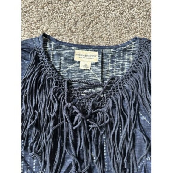 Demin & Supply Ralph Lauren Fringe Lace up V neck Top Boho Hippie Size Small - Picture 6 of 13